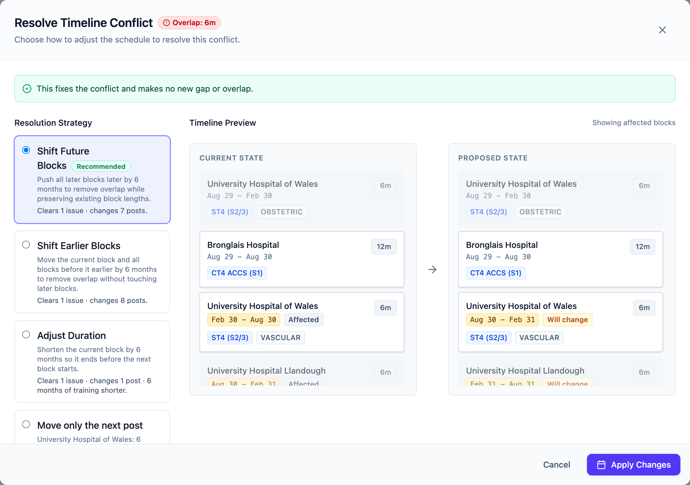 The Resolve Timeline Conflict window. On the left, a list of fixes with Shift Future Blocks marked Recommended, and under each fix the issues it clears and the posts it changes. On the right, the Timeline Preview shows the current and proposed placements side by side.